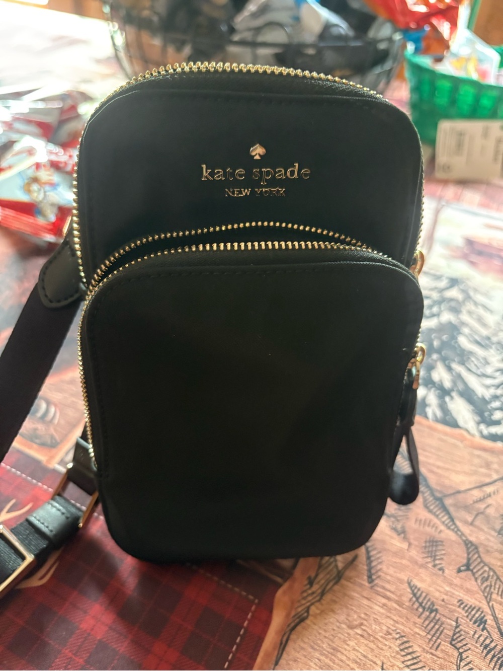 kate spade Black Leather Dual-Zip Crossbody with Gold Accents